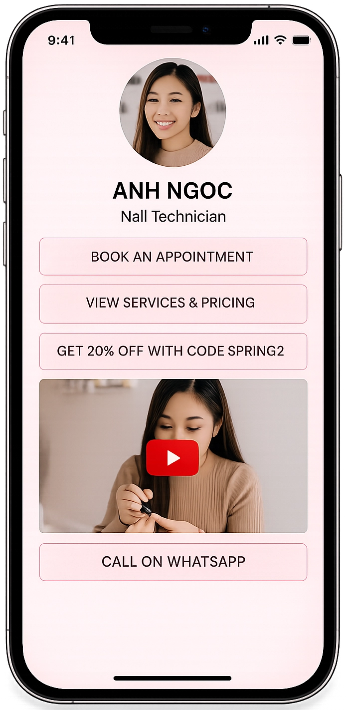 Nail technician booking and contact options on app.