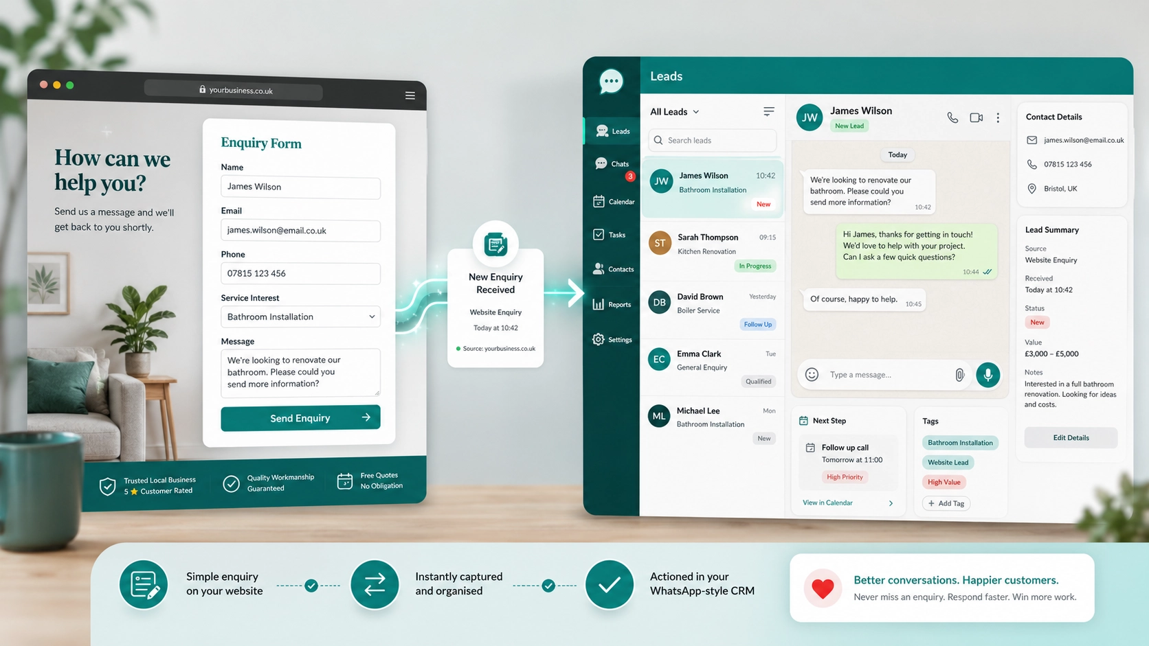 Website enquiry form connected to CRM dashboard