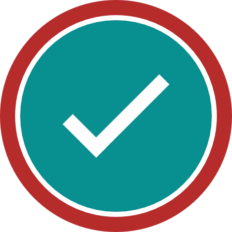White tick inside teal circle with red border
