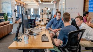 Team collaborating in a bright office